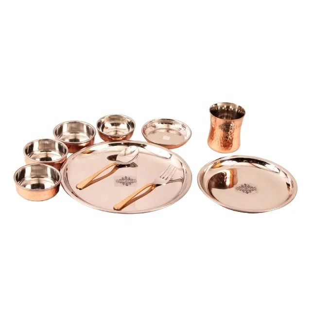Copper Dinner Set Kitchen Utensils Tabletop Serving Luxury Product Best Quality Indian Style Hammered Design 100% Pure Worldwide