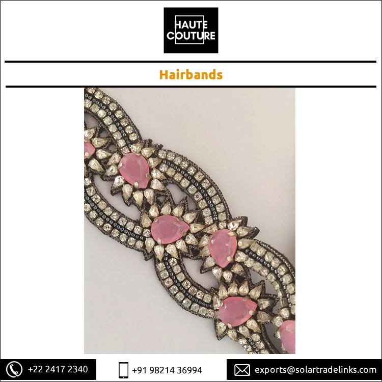 Opal Pink Stones Made Festive Wear Hand Embroidered Hairband Scallop Design Fashion Hairbands for Girls at Bulk Price