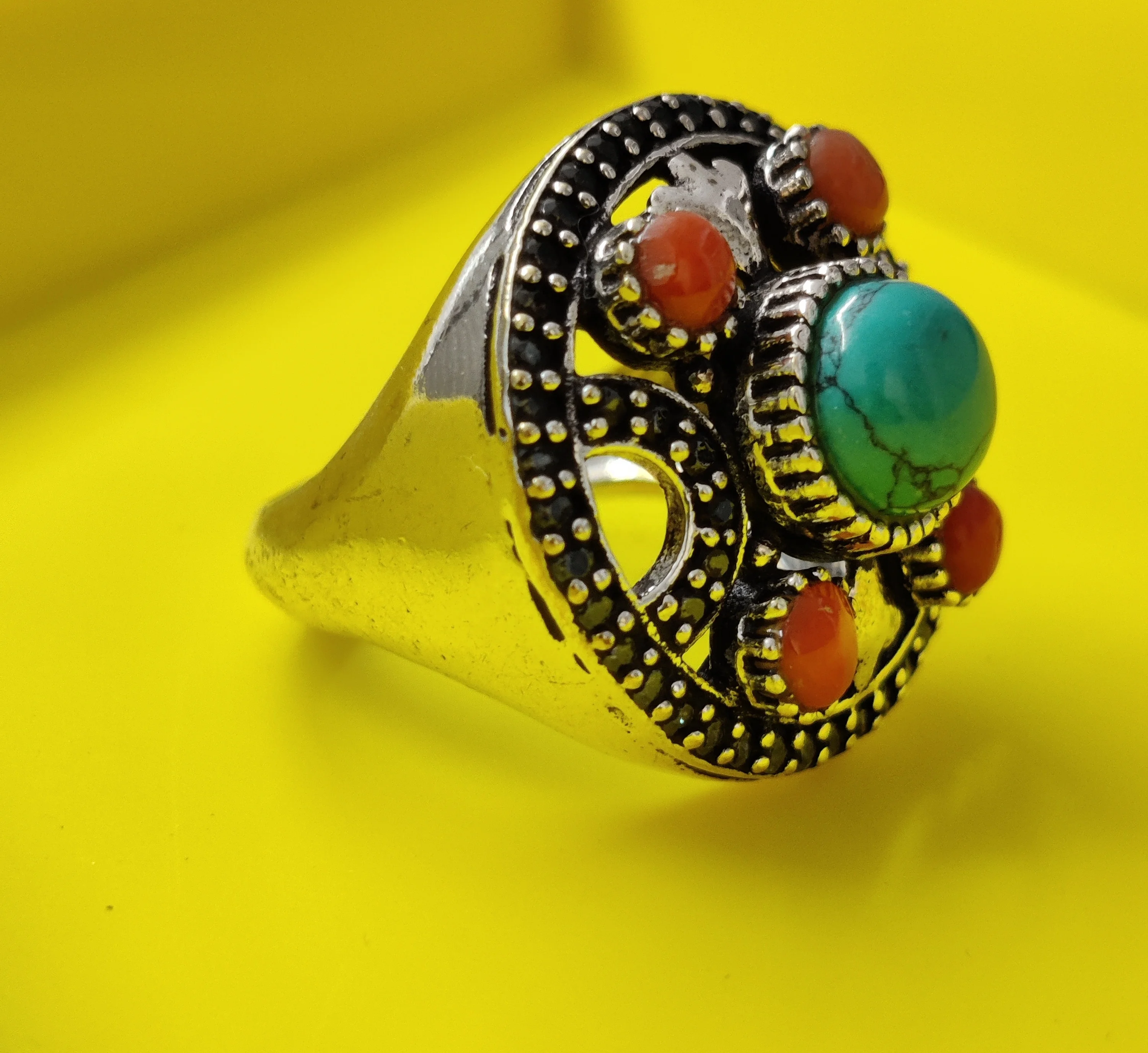 Turquoise Coral Stone Combination Silver Stone Ring 2023 Best Selling Silver Stone Silver rings
