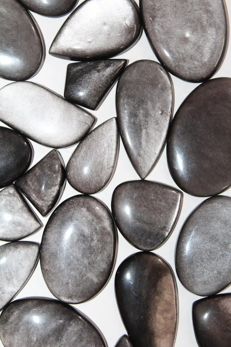 Flashy Silver Obsidian Gemstone Flatback Cabochon Silver Obsidian For Jewelry Making Supply Wholesale Lot For Jewelry Making Use