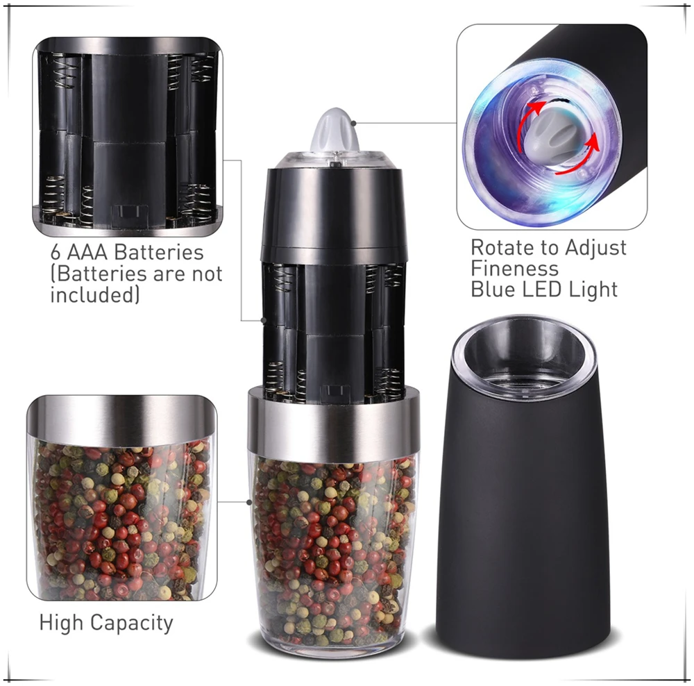 Лидер продаж на Amazon, гравитационная электрическая мельница для соли и перца, автоматическая мельница для перца и соли с регулируемым керамическим ротором