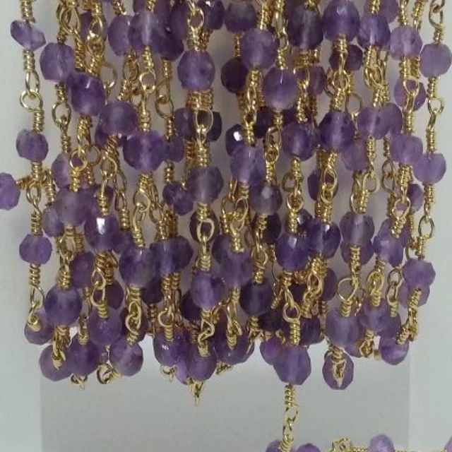 Natural Amethyst Faceted Rondelle Beads Gold Plated Rosary chain Roll Per Feet In Wholesale Direct By Manufacturer