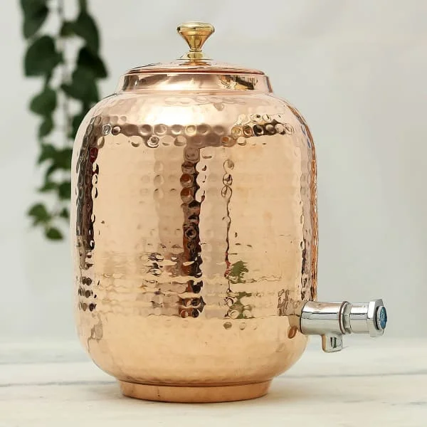 Customized Design Printed Copper Water Dispenser and Glass Set Manufacturer and Exporter