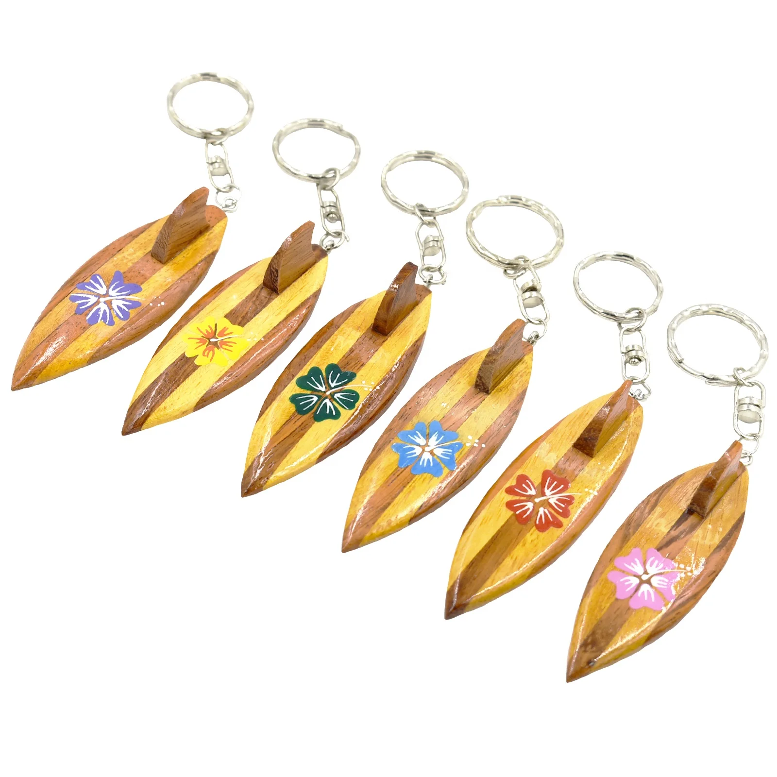 Best seller wood surfboard key chain with hand painted hibiscus flower key holder customized shape key ring
