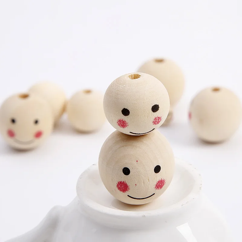 Handmade Smiley Face Natural Wood Beads Ball Round Loose Spacer Beads For Jewelry Making Diy Bracelet Accessories