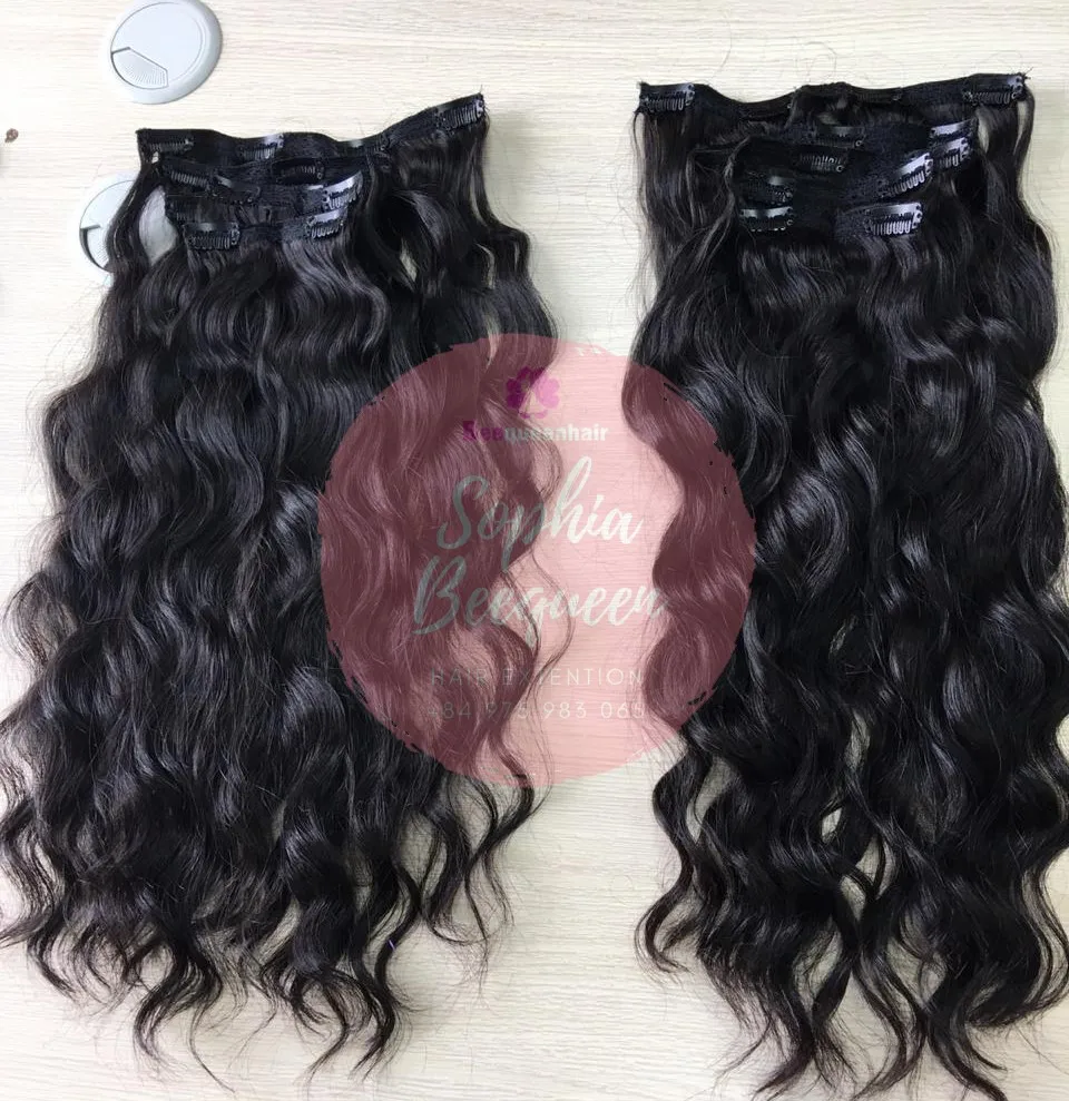 Clip-in hair extention Natural Wavy Double Drawn Natural Black color #1B No Shedding No Tangling Dyalbe best virgin hair