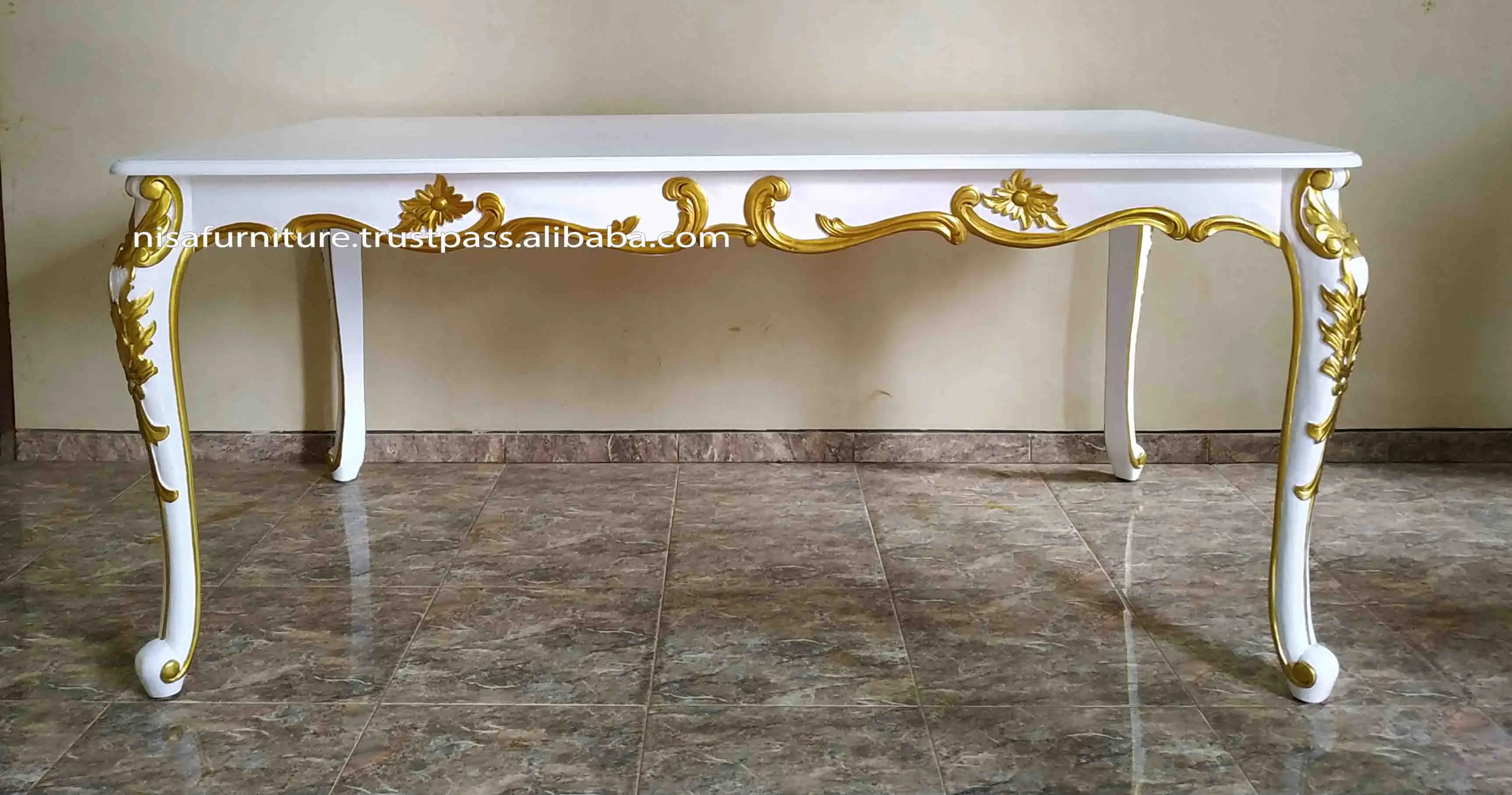 Antique Dining Room Furniture Set Rectangular Mahogany Wood MDF Board Table for 6 White Gold Trim Chairs Solid Wood Style Homes