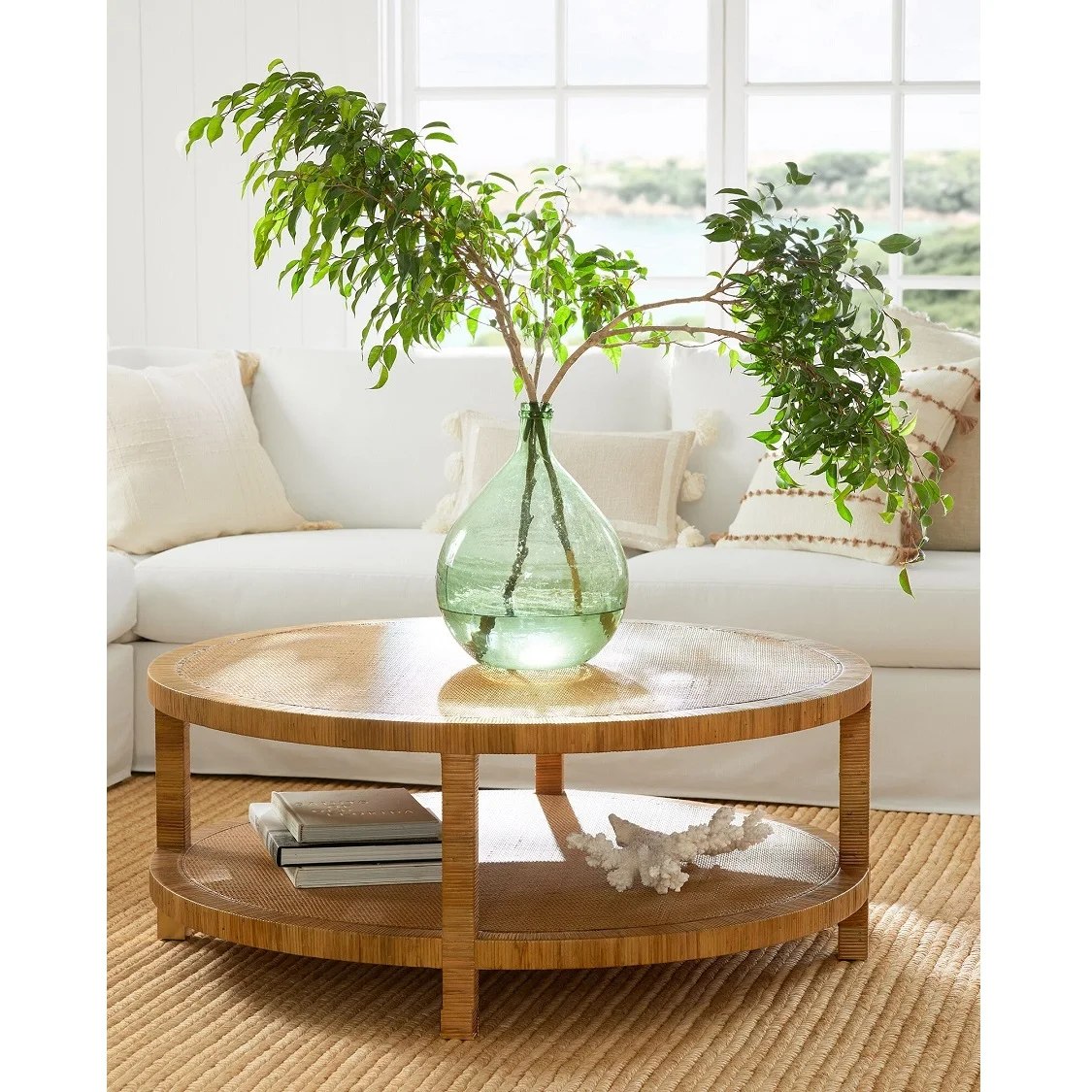 Hand Crafted Mid Century Folded Natural Color Antique Round Dining HAYES Coffee Table with Rattan Wood Plywood