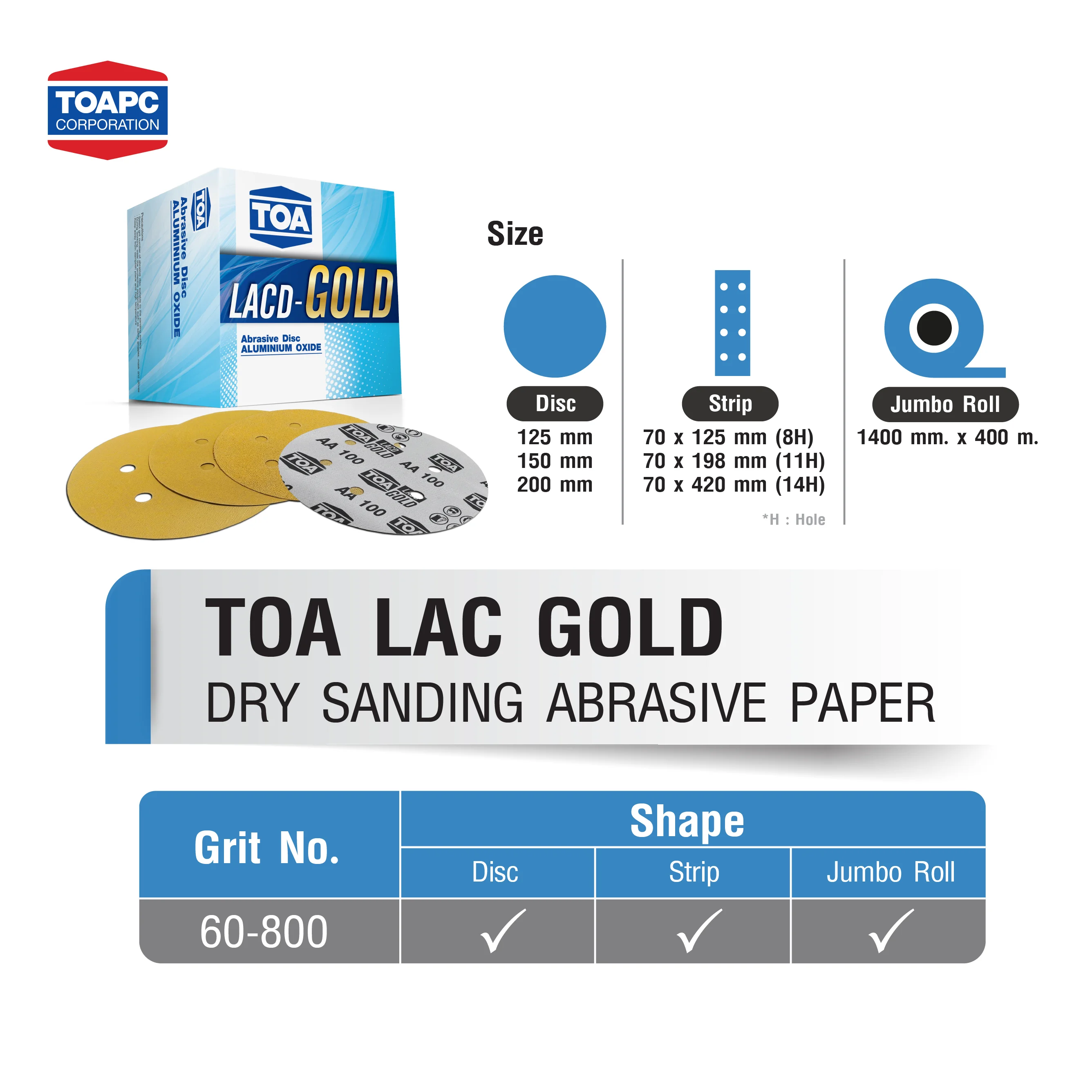 TOA LAC GOLD A931 Dry Sanding Abrasives Paper Disc size 125mm Grit 60 to 800 - Aluminum Oxide for Automotive Furniture and Metal