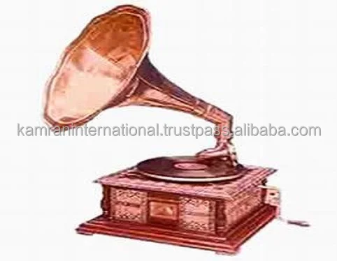 Wooden antique style brass inlay gramophone with embossed brass horn
