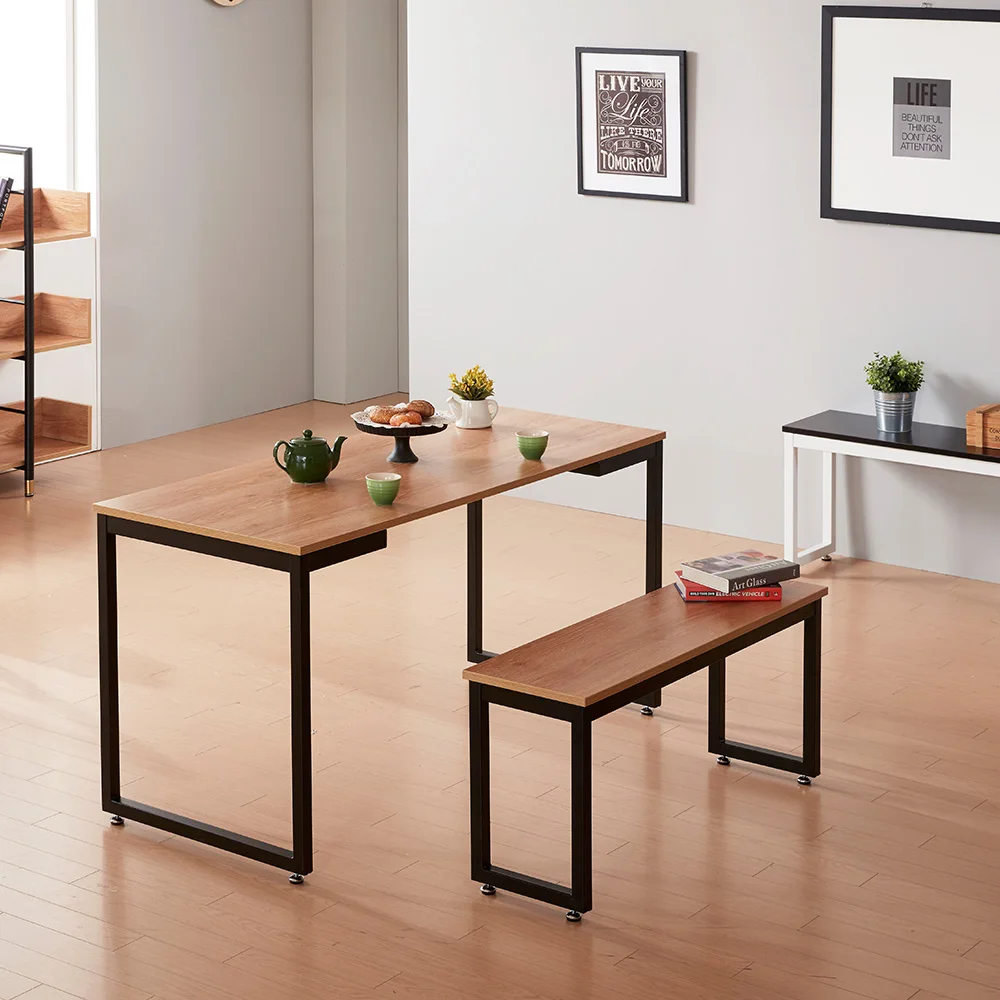 Design/modern Home/office Furniture, Wooden Metal Steel square Frame Dining Table Double Bench Chairs for Dining Room