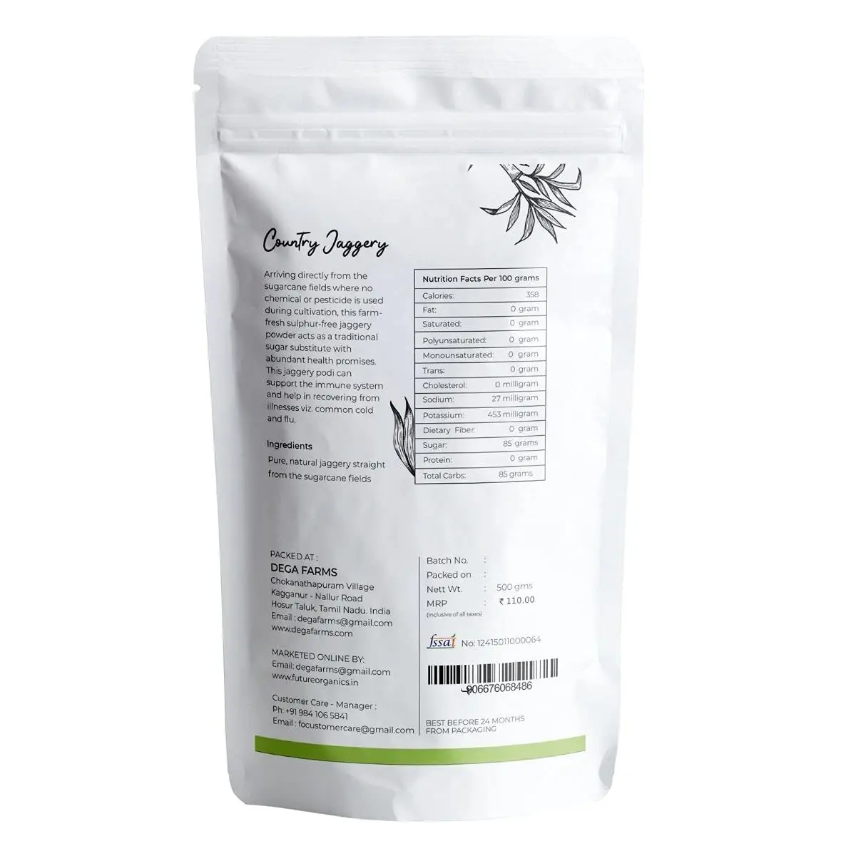 Export Quality Sulphur Free Country Jaggery Powder Indian Organic Jaggery Powder 500gm Paper pouches for sale