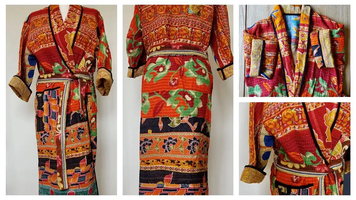 Manufacturer And Wholesale Indian Handmade Kantha Quilted Kimono robe Cardigan Long Kimono And Bathrobe Beach Robe