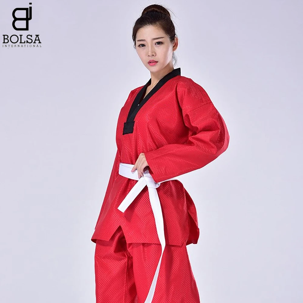 
Red Taekwondo Uniform Blue TKD Suit Adult Karate Judo Training Competition Clothes Black Belt Pants White Coat Beginner 
