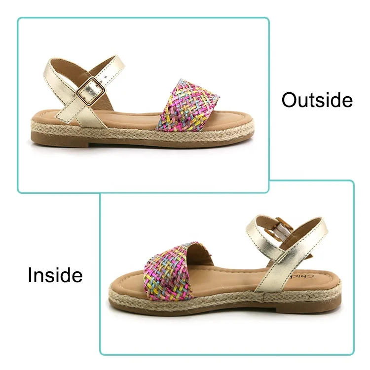 Золотые с красочным плетеным ремешком, Детские дизайнерские новые модные детские сандалии-Эспадрильи на плоской подошве