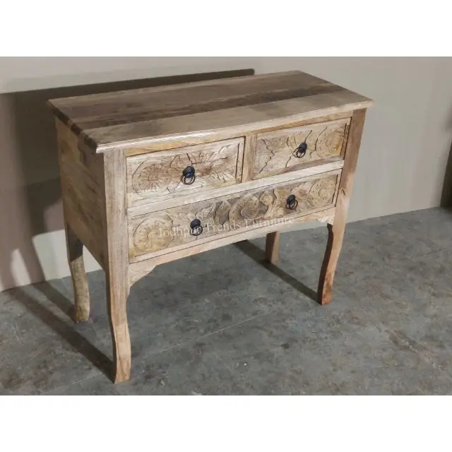 Beautifully hand curved antique vintage reclaimed solid wood living room drawers carved console table