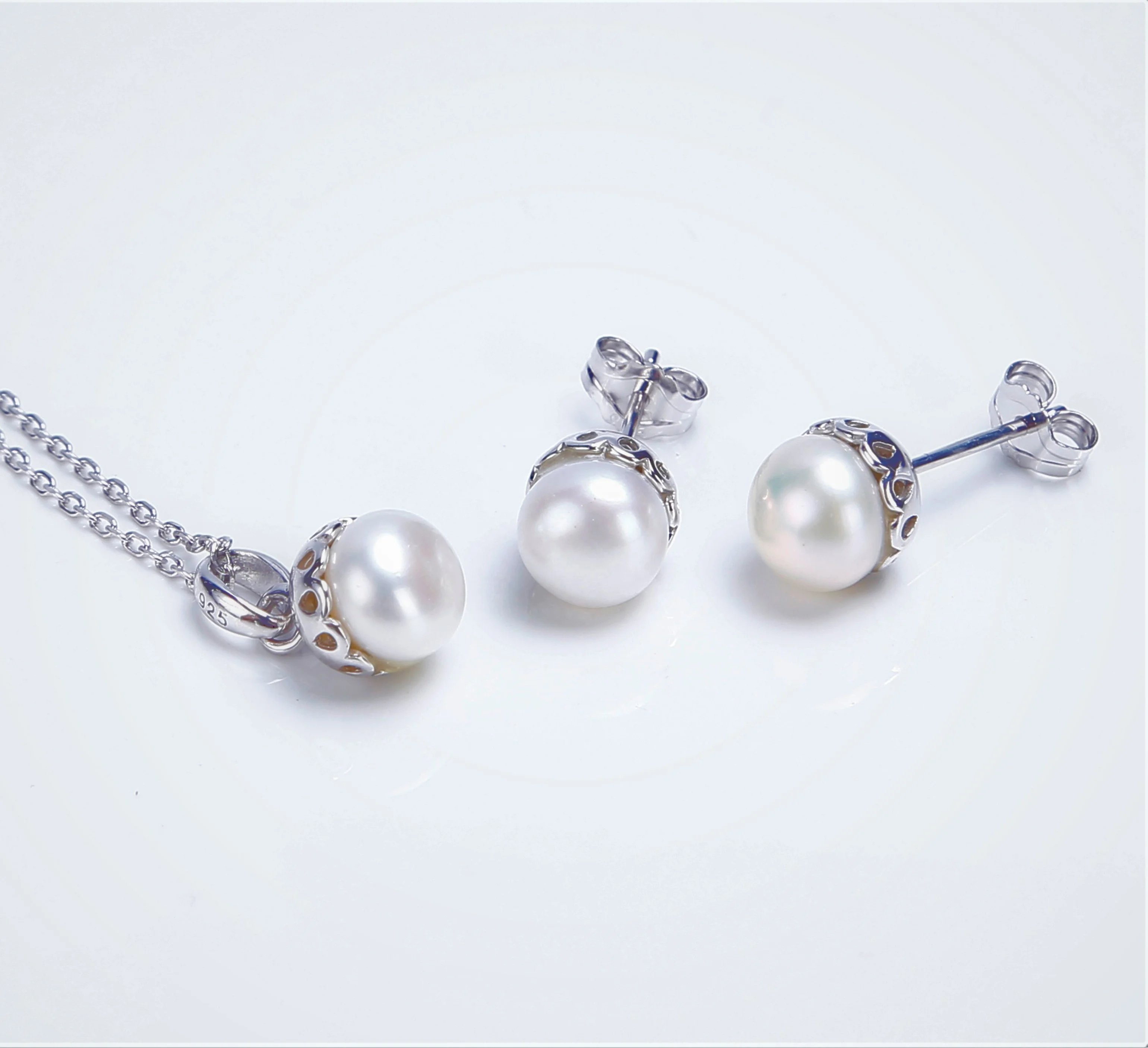 925 sterling Silver Pearl Gold Plated Jewelry Fashion Pendant necklace for women and girls earrings bridal jewelry set