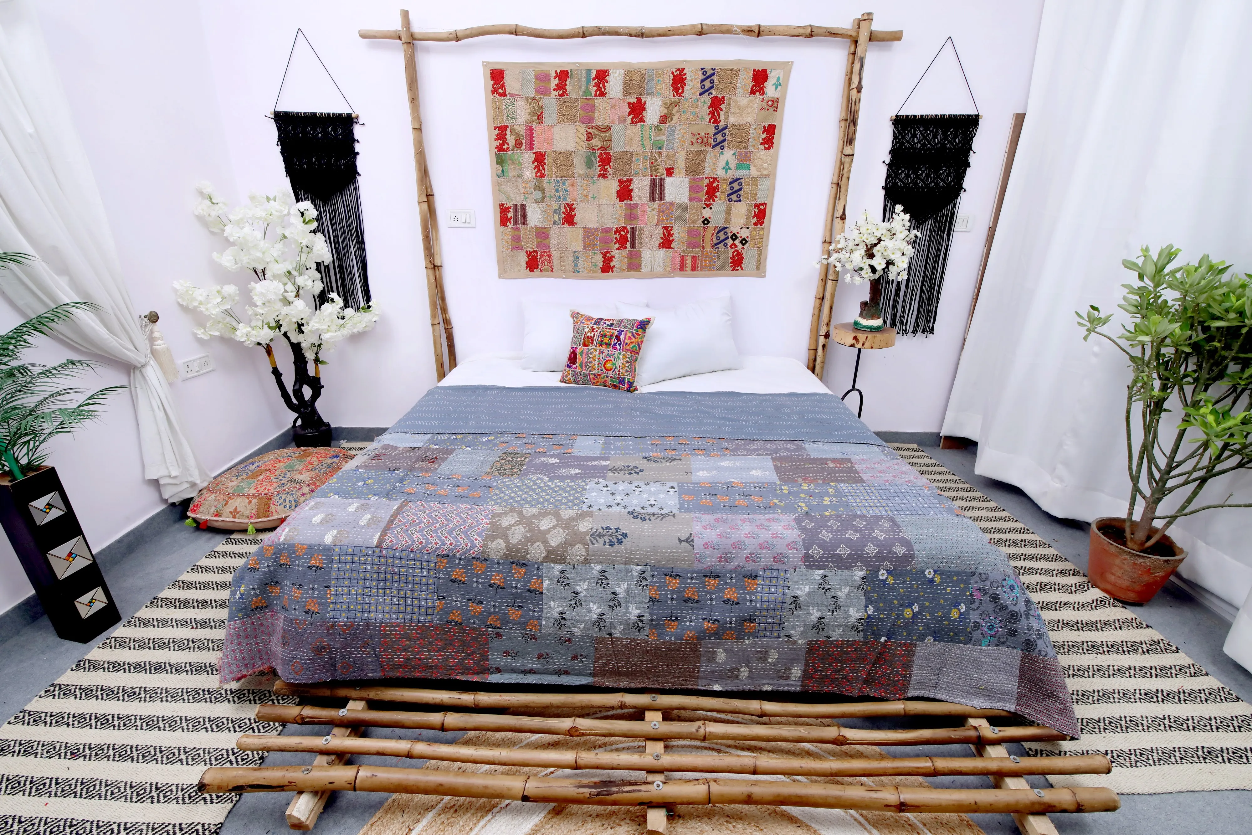 Стеганые одеяла Kantha из чистого хлопка индийское винтажное лоскутное одеяло с вышивкой в старинном стиле стеганое вручную