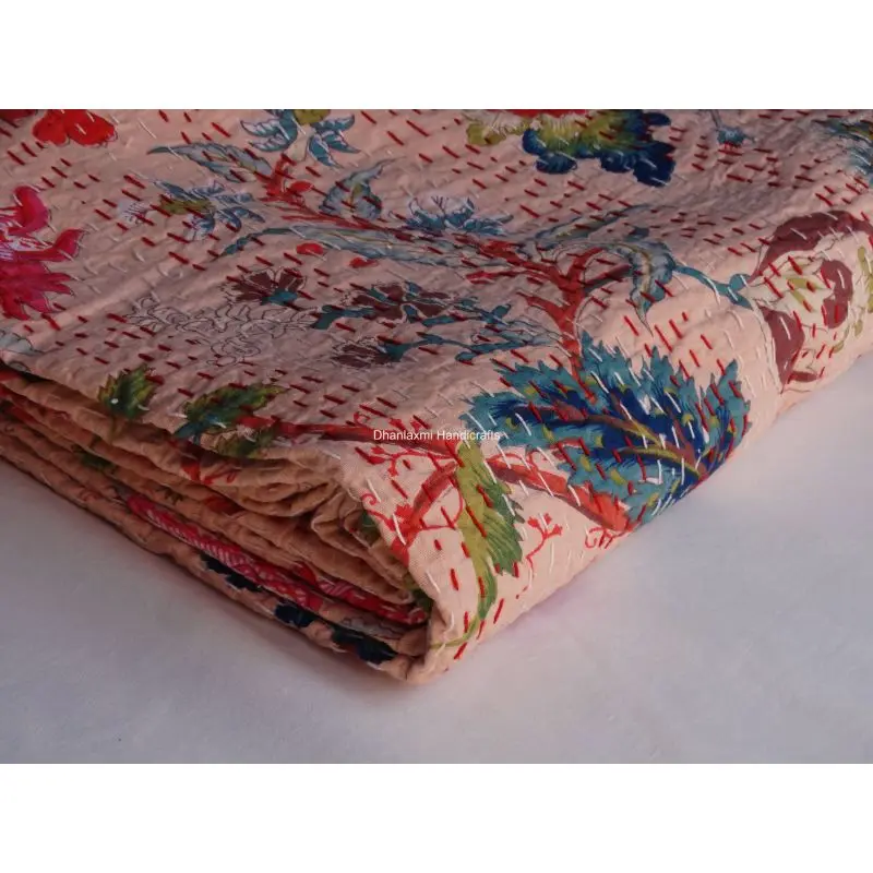 Легкое Персиковое красивое цветочное индийское Хлопковое одеяло Kantha ручной работы с цветочным принтом оптом покрывало
