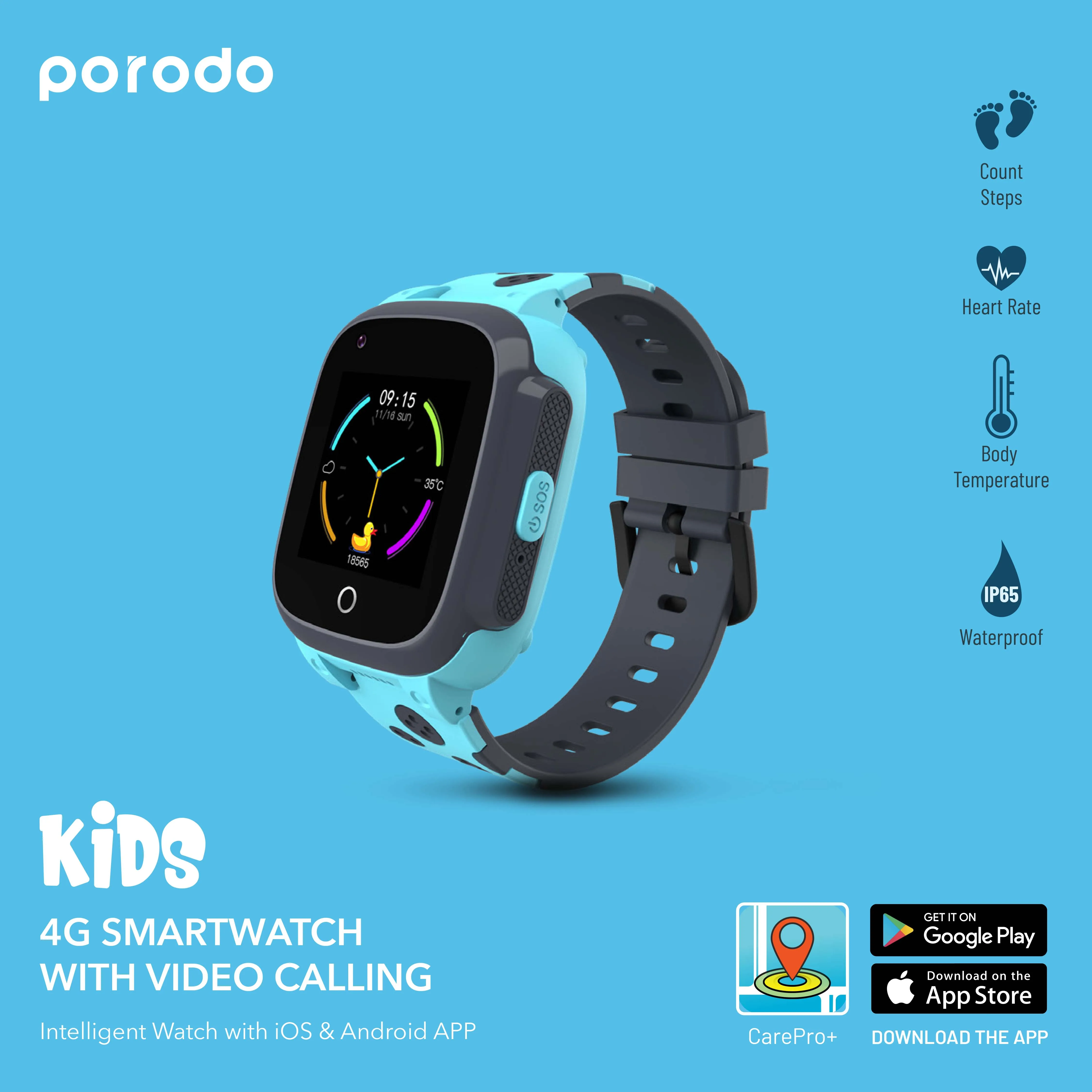 Porodo  Kids  4G Smart Watch  Android iOS Phone Waterproof Heart Rate Tracker Blood Pressure Oxygen Sport smartwatch