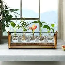 BULB VASE FLOWER Plant Terrarium with Wooden Stand, Air Planter Bulb Glass Vase Metal Swivel Holder Retro Tabletop