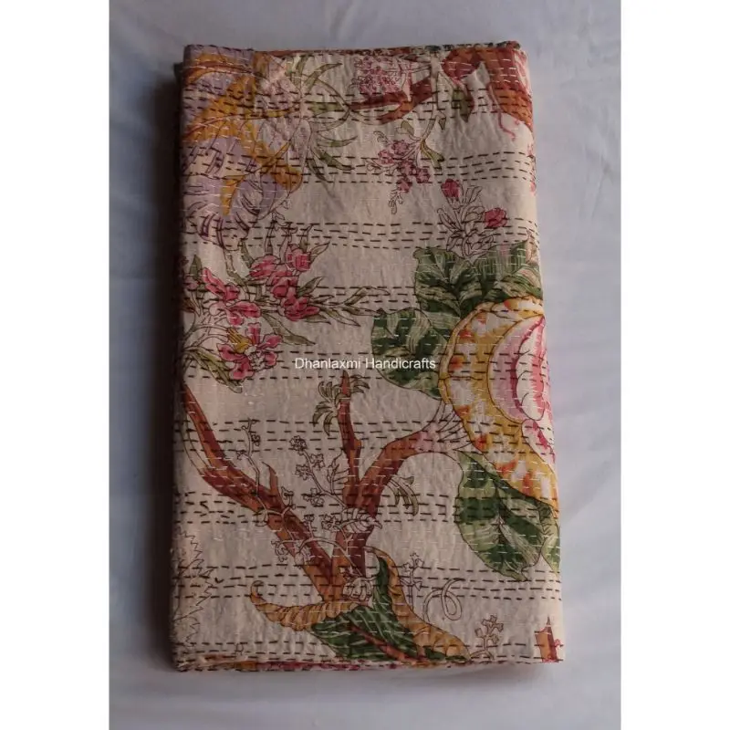 Роскошное постельное белье домашний декор бежевый индийский цветочный принт ручной работы Хлопковое одеяло Kantha красивое цветочное покрывало оптом