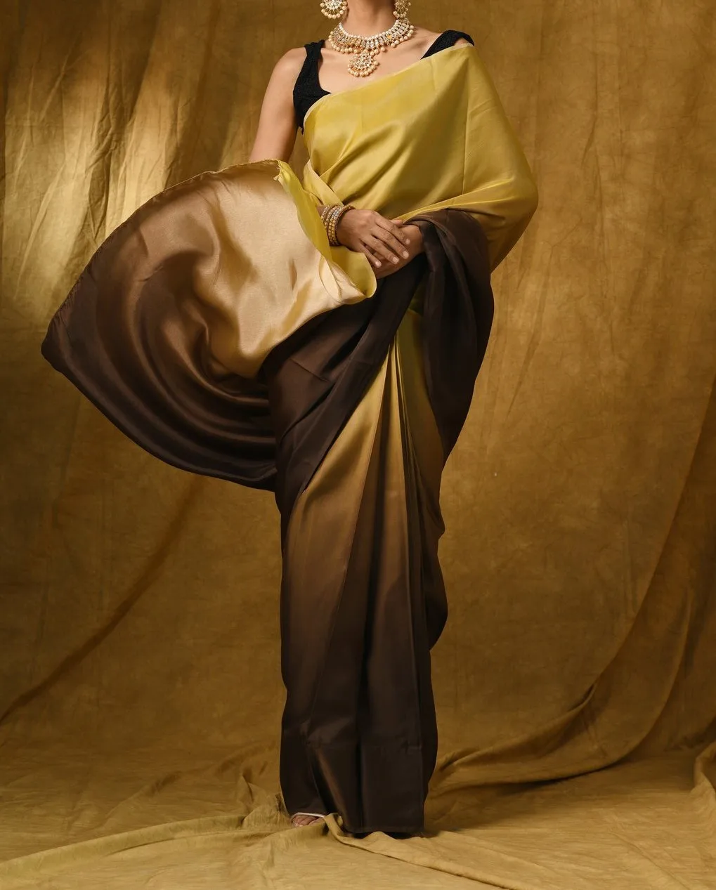 Best Traditional Thread Ethnic Handmade Gold And Brown Satin Ombre Saree Multi colour threads in warp luxurious feel and drape