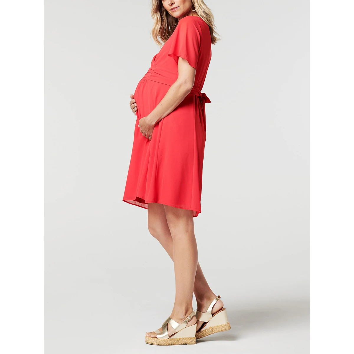 Chiffon Maternity and Nursing Dress red Wholesale Maternity Clothes Pregnant Women Side Slits Cold Shoulder Maternity Dress