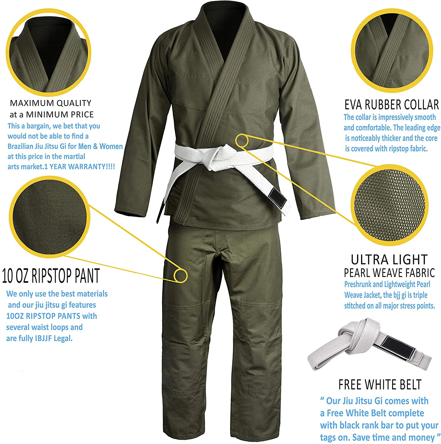 Brazilian Jiu Jitsu Gi for Men & Women Preshrunk Grappling Uniform GIS Ultra Lightweight Kimonos Adult BJJ Gi Free Belt