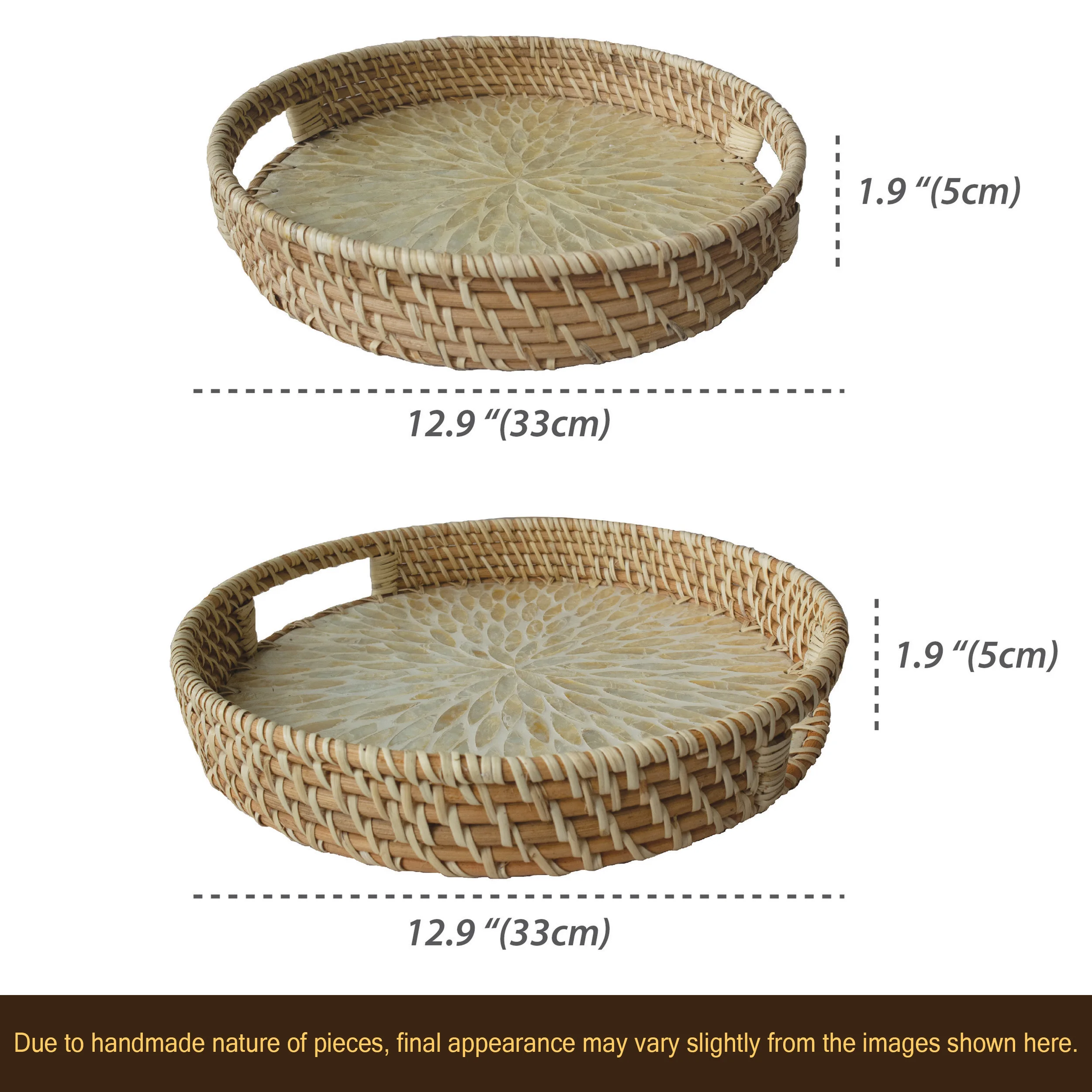 Set Of 2 Mother Of Pearl Inlay with Rattan Serving Tray for Breakfast, Snacks and Fruits - Rattan Tray Handmade Bone Inlay Tray