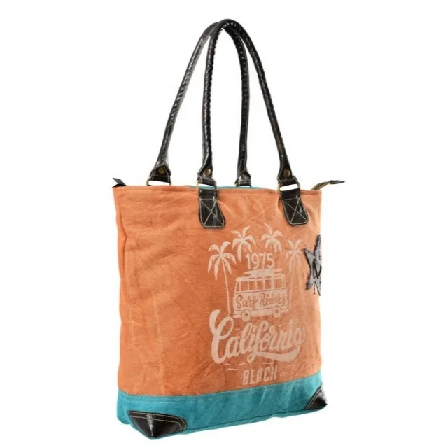 Eco friendly fashion custom printed logo Shopping Bag Orange Canvas beach tote bag with leather handle