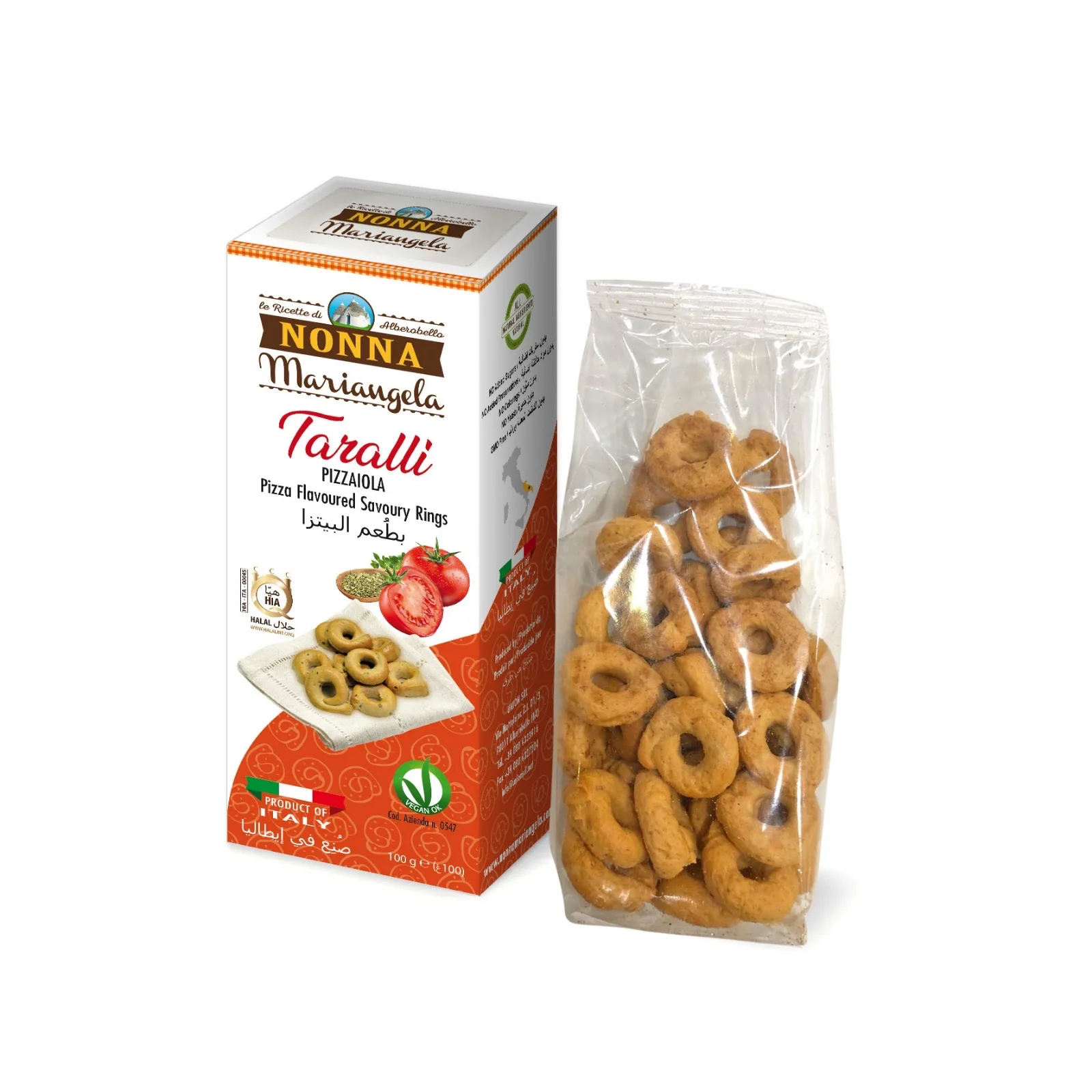 Italian Quality Grain Snack - Taralli with Tomato & Oregano 100g (Pizza flavour) Halal snack Vegan 100% natural