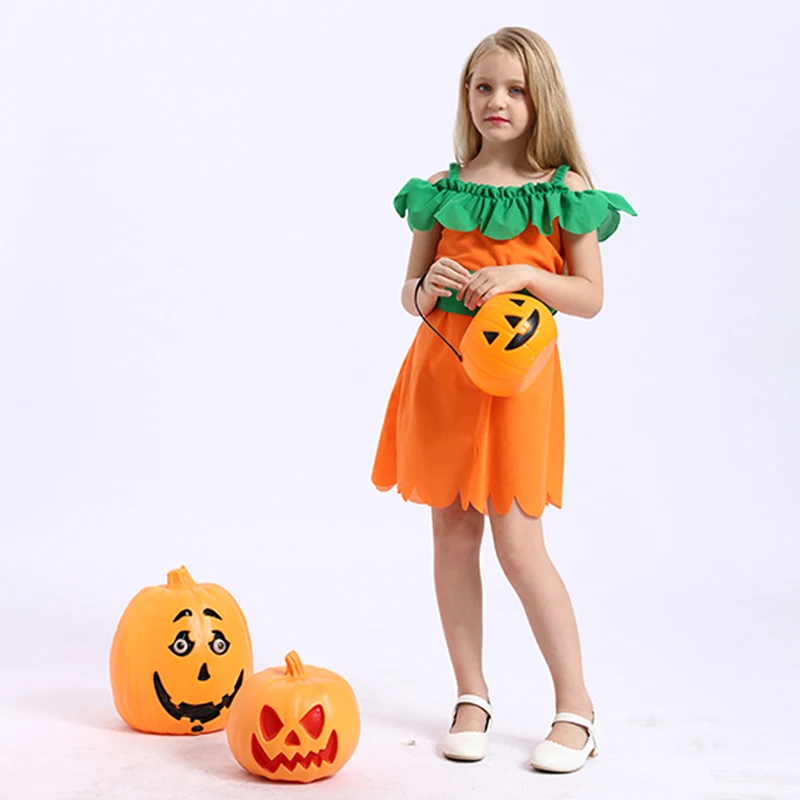 Factory price sweet pumpkin girl costume fancy dress halloween witch costume for kids fairy witch costume