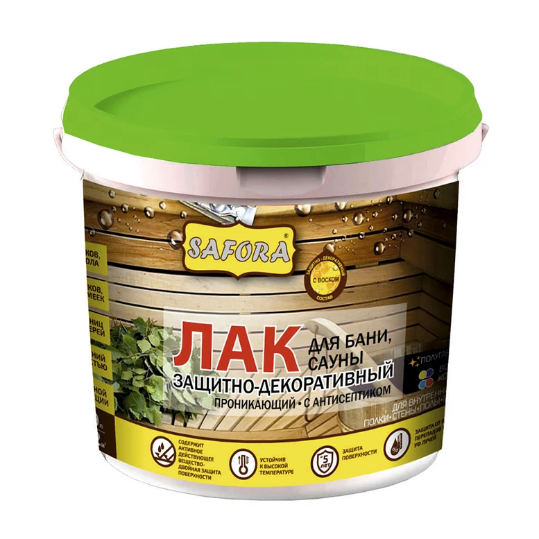 Wood lacquer paint - varnish coating for wooden surfaces in bath/sauna, quickly drying, odorless, 0,9 l or 2 l packing