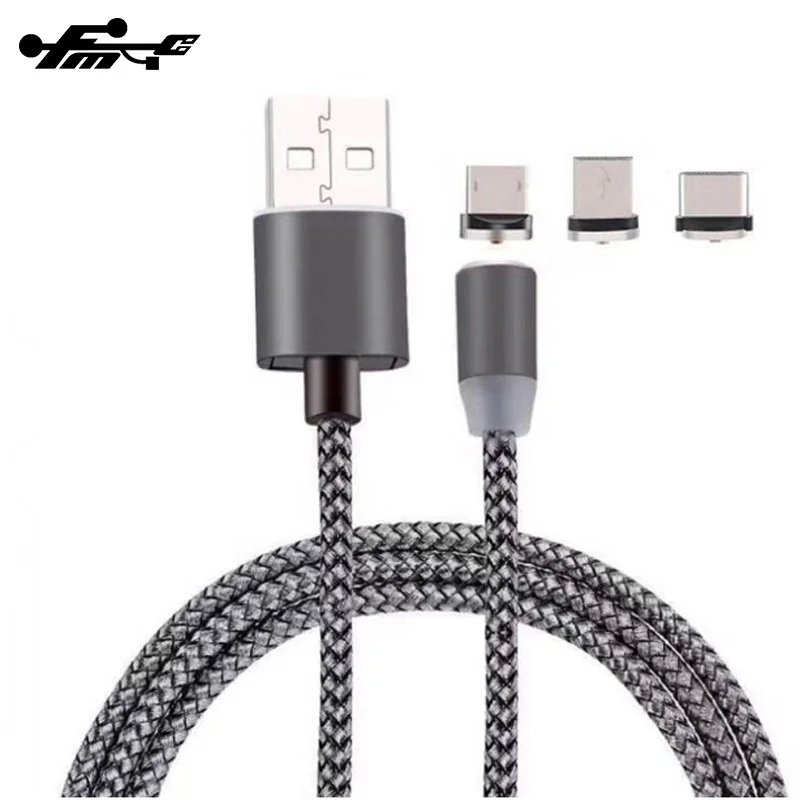 Cell Phone Cable Magnetic USB Charger 1M 3 in 1 USB Charging Data LED Metal Micro USB Function Cables Magnetic Phone Charger