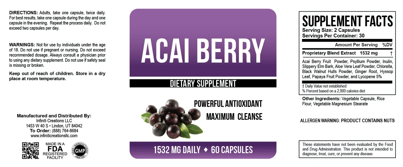 Мощная антиоксидантная диетическая добавка Премиум-Качества ягода асаи 60 карат 766 мг Овощная капсула