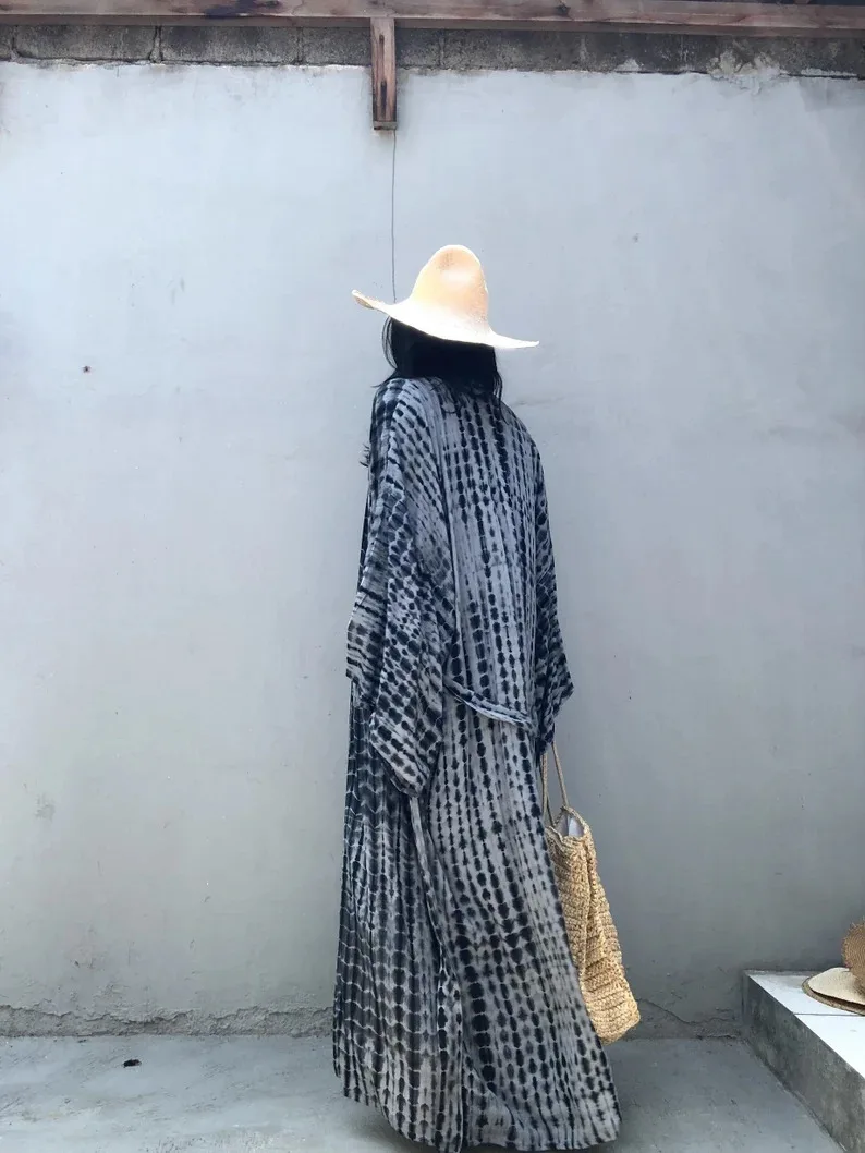 Gypsy Resort Wear Tie Dye Long Sleeve Side Pocket Ankle Length With Belts Women Kaftan Batik Beach Dress