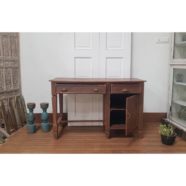 VINTAGE FURNITURE CORNER COMPUTER DESK WITH TWO DRAWER TEAK WOOD TABLE MULTI PURPOSED WOODEN WRITING DESK FOR LIVING ROOM