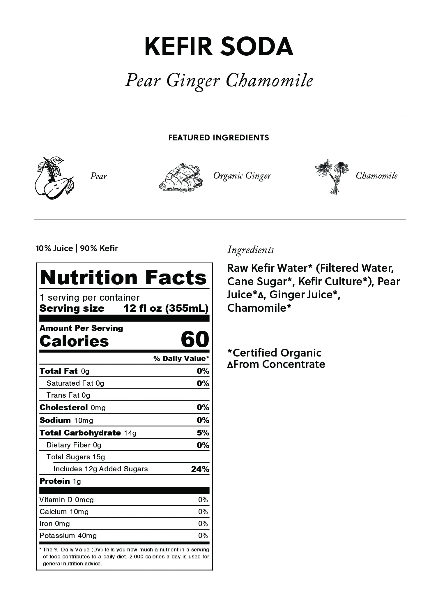 Buchi Kefir 6/12oz Pear Ginger Chamomile Organic Kefir Soda Non Dairy Probiotic Tonic Premium Quality