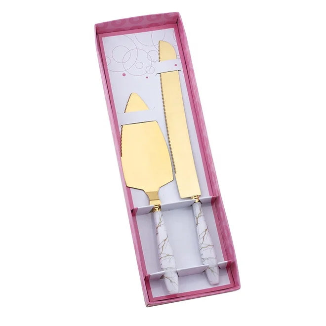 Cake knife with server shovel stainless steel blade easy to clean Marble print handle