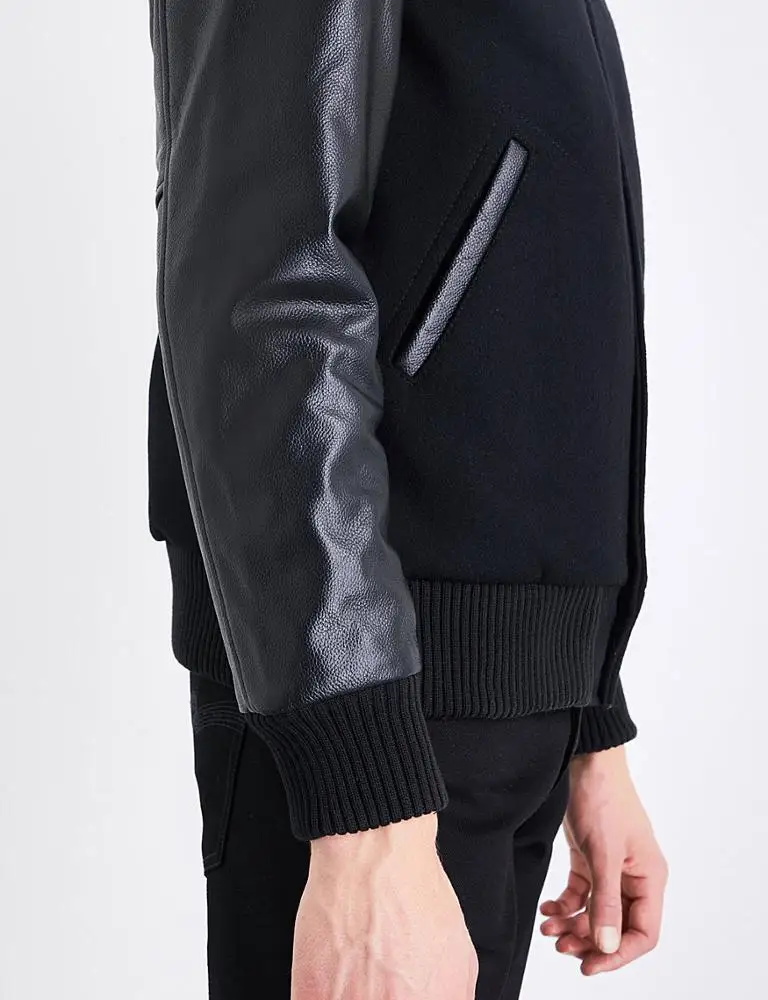 Black Color Custom Men Wool Varsity Jackets Wholesale Custom With Leather Sleeves/ Custom Wool Cheap Leather Varsity Jackets