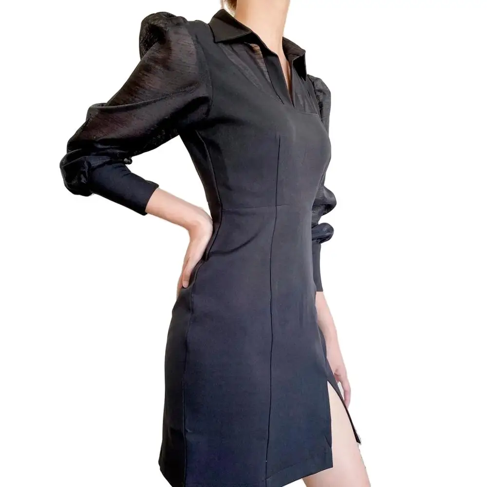 2020 New Arrivals Elegant Black Office Dress Summer Long Sleeve Open End Formal Dress