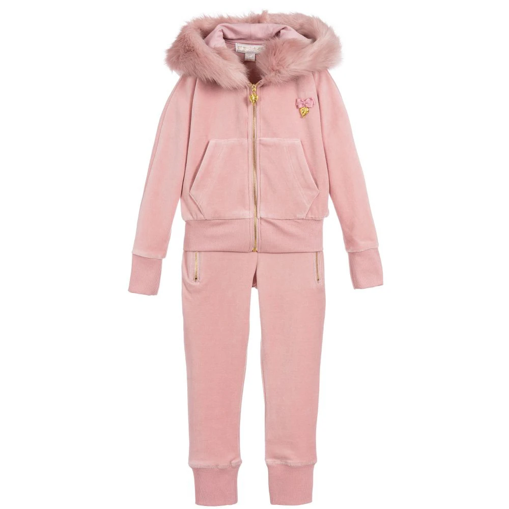 Baby Pink Velour Women Suits With Golden Zipper And Hoodie with Fur