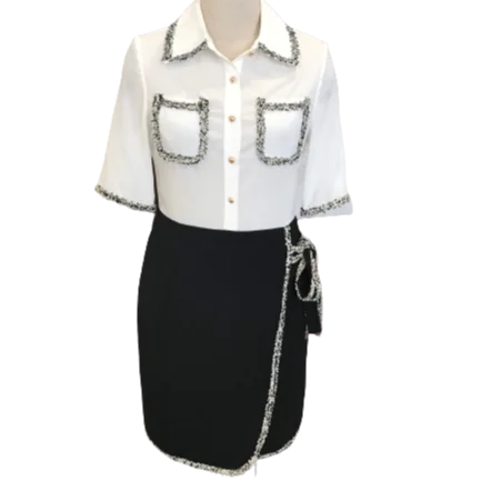 Wholesale price premium material long dress shirt women office ladies white and black waistline turndown collar  dresses women