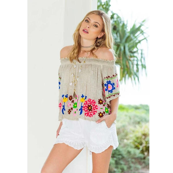 2019 Show Stopper Sexy Bohemian Off Shoulder Hippo Look Women Top Bright Suzani Embroidered Pom Pom Trim Beach Boho Chic Blouse