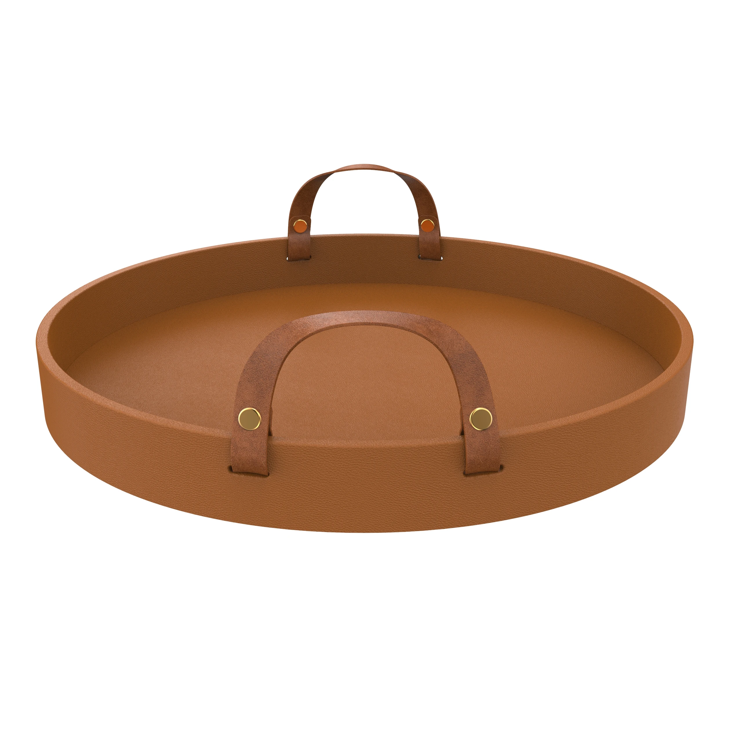 New Manufacturer Design Brown Round Shape Pu Leather Tray Wooden Tray For Restaurant Water Drink Serving with Leather Handle With SABER Certificate