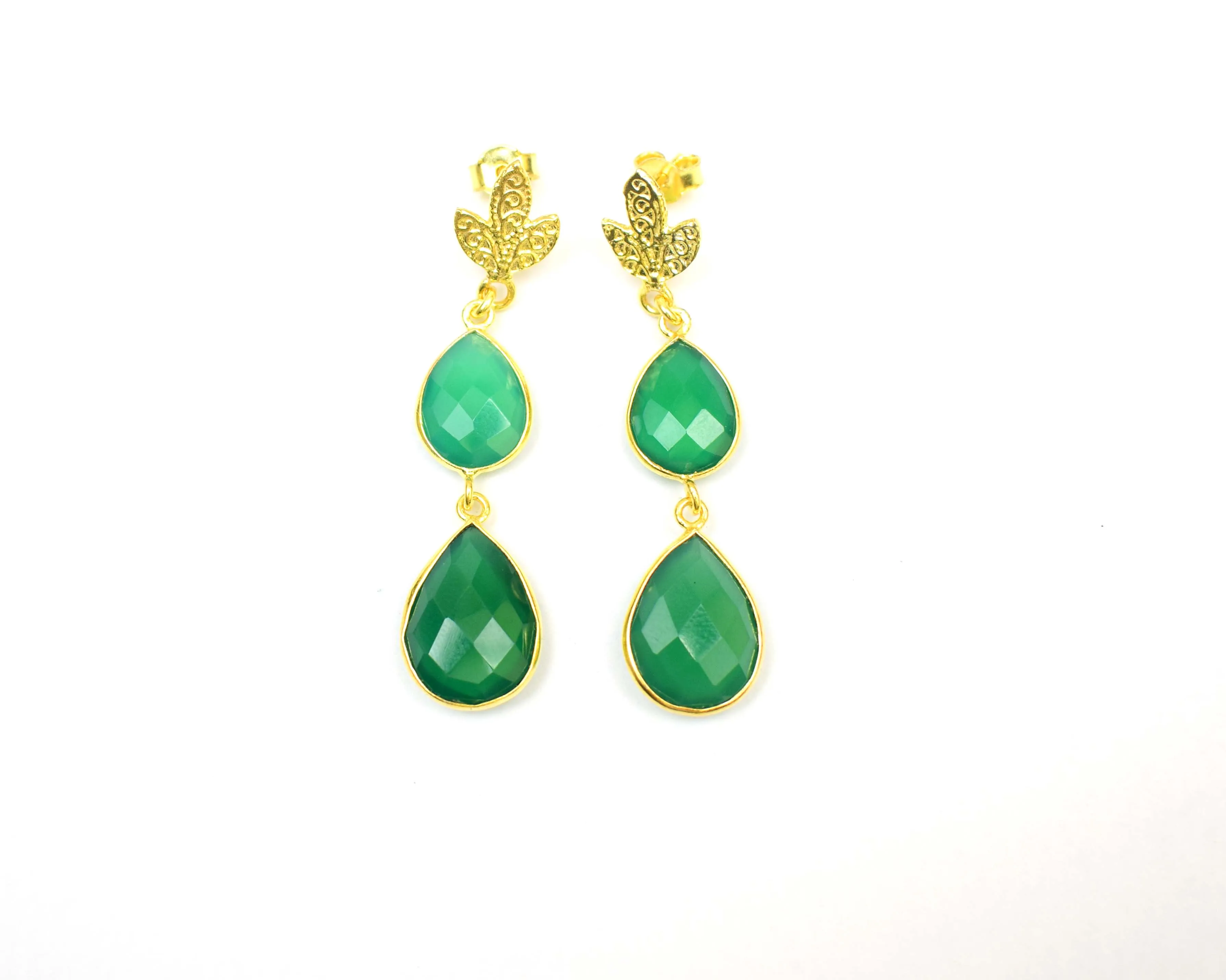 Green Onyx Gemstone Double Stone Earring Set Pear Shape Gold Plated Bezel Connector Stud Weddings Gifts Engagements Made Copper