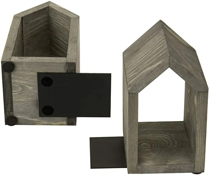 SINORHEMA Vintage Gray Wood and Black Metal Decorative House-Shaped Design Book Ends  Book File Magazine Solid Wood Bookstand