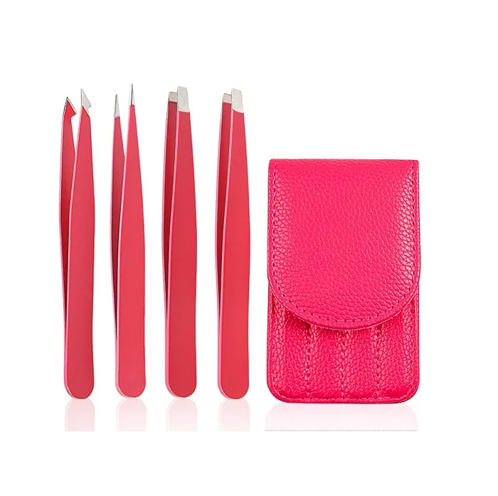 Tweezers Set 4-piece Stainless Steel Red color  Tweezers for Eyebrows Facial Hair Ingrown Hair Eyebrow Tweezers Set