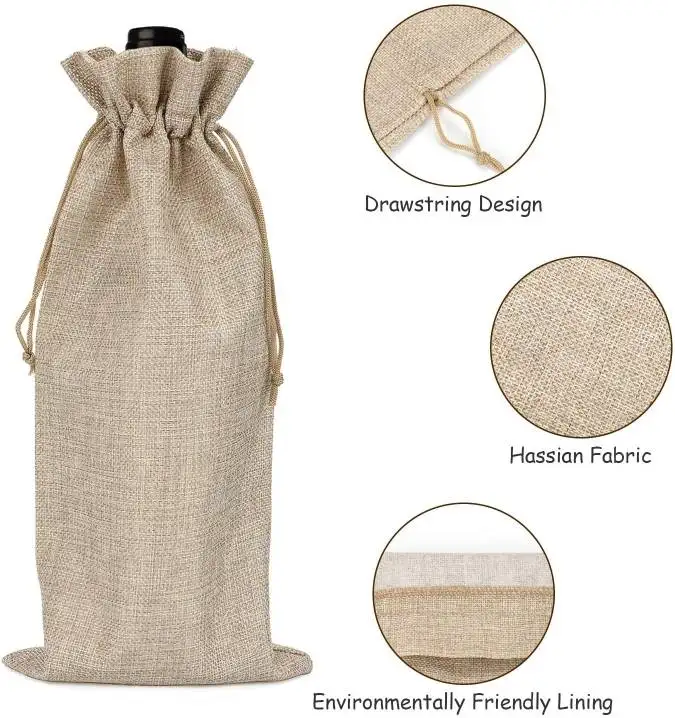 Wine Bottle Drawstring Cover made of Jute made in India Reusable Custom Printer Bottle Cover for One Bottle wine bag for wine bo